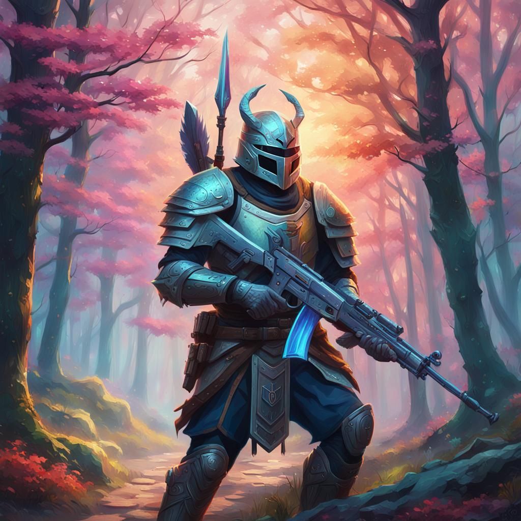 Magical Warrior Loads Rifle in Mystical Forest