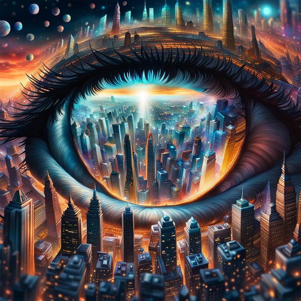 City in an Eye: Detailed Cosmic Illustration