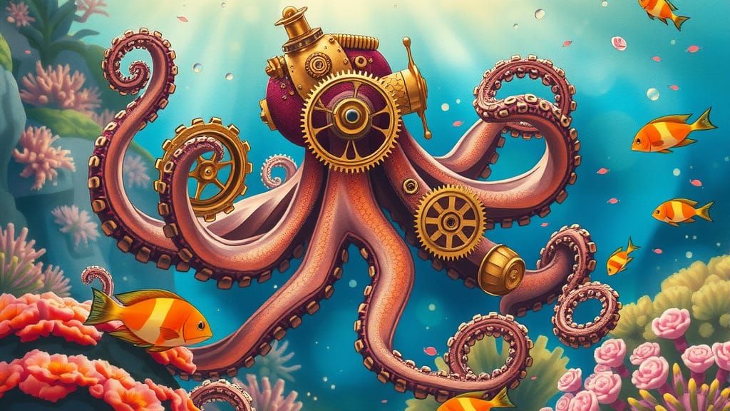 An intricate steampunk octopus navigates a coral reef, its brass gears whirring and its many tentacles exploring the col...