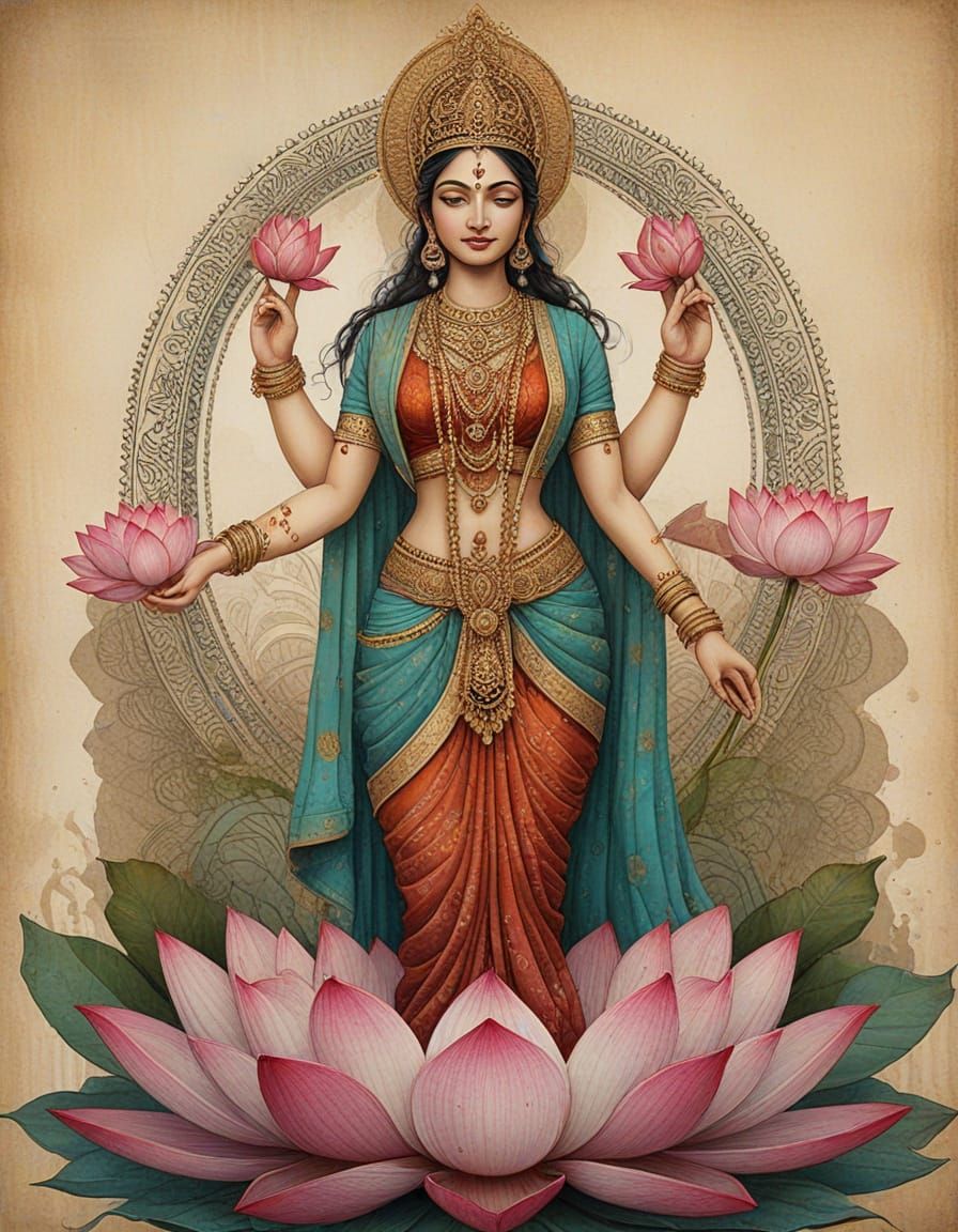 "Hindu goddess Lakshmi holding and standing on a lotus."