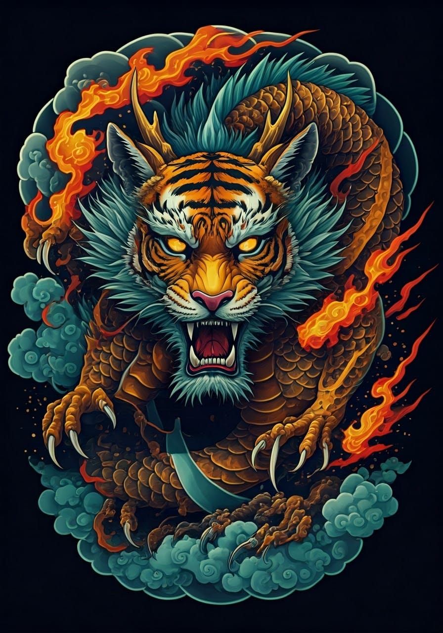 Cubist Japanese Tiger Dragon with Ornate Linework
