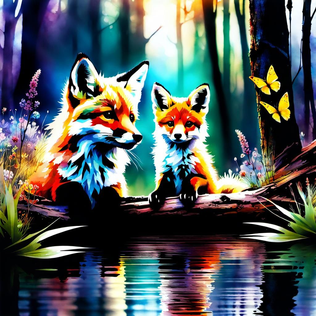 Cute Baby Foxes in Spring Forest, Watercolor Art
