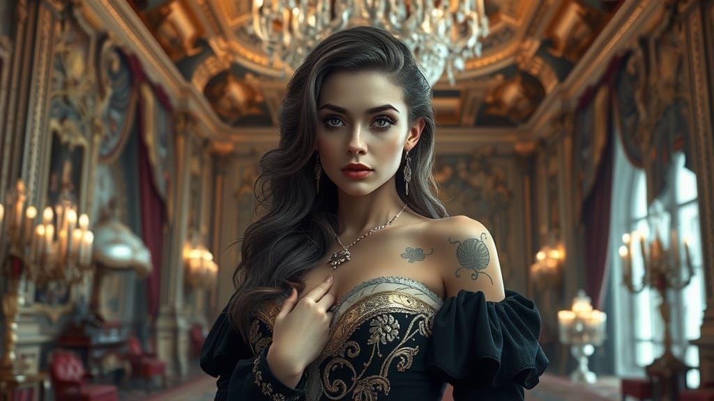 Hyperrealistic Portrait of a Beautiful Woman in Baroque Sett...