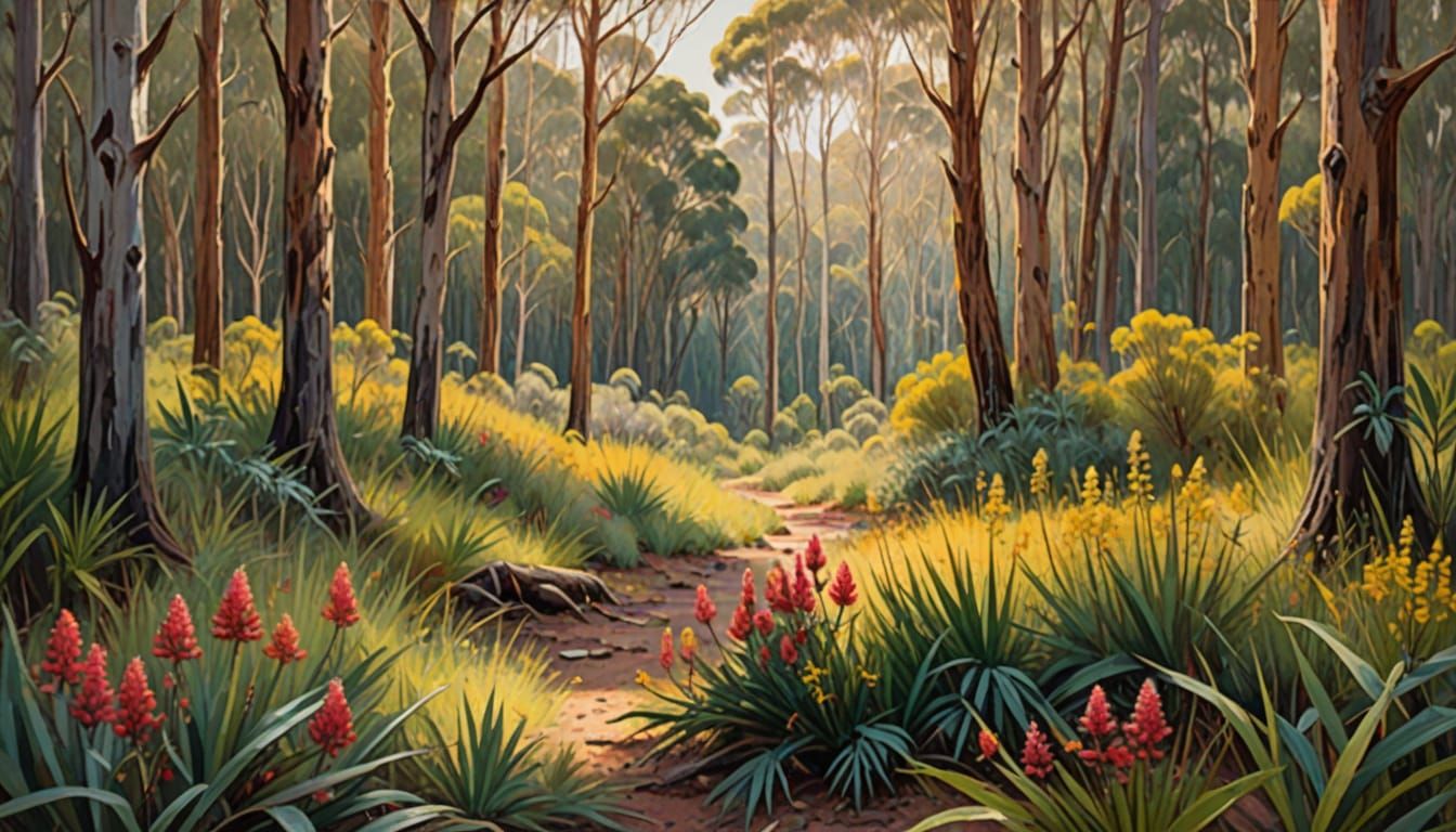 Impressionist Australian Bush Scene with Vibrant Wildflowers