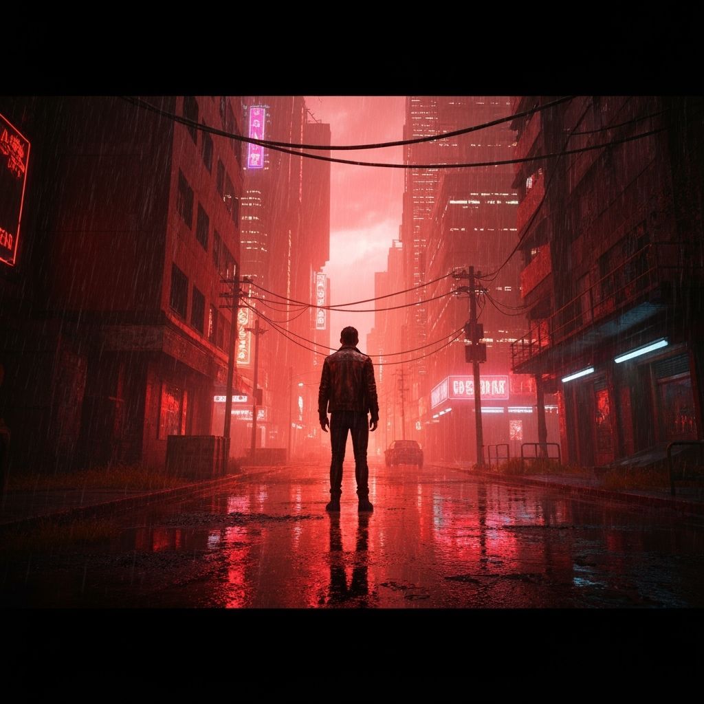 Fiery Red Futuristic Cityscape in Cyberpunk Style