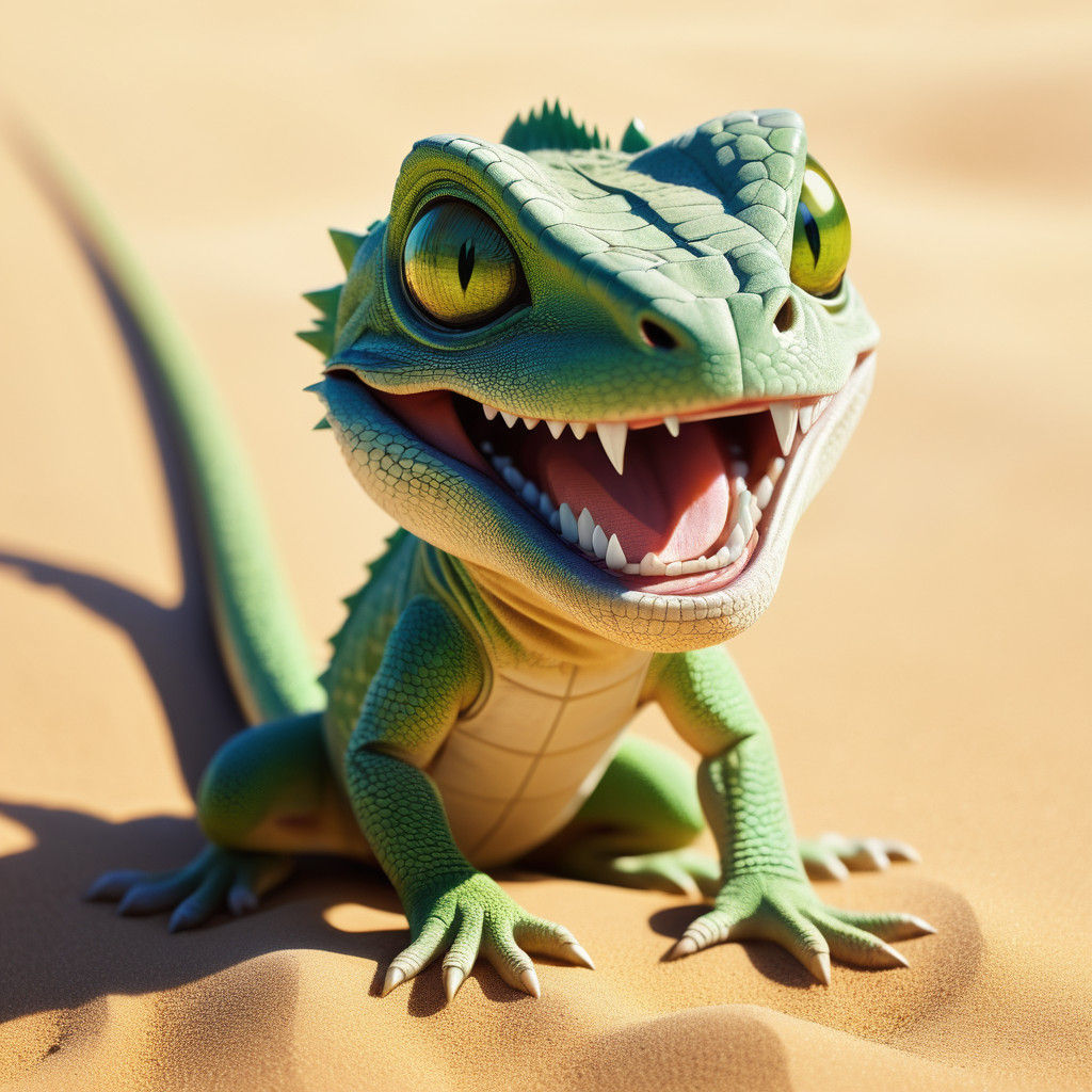 Anime-Style Baby Lizard Smirks in Desert Sunset