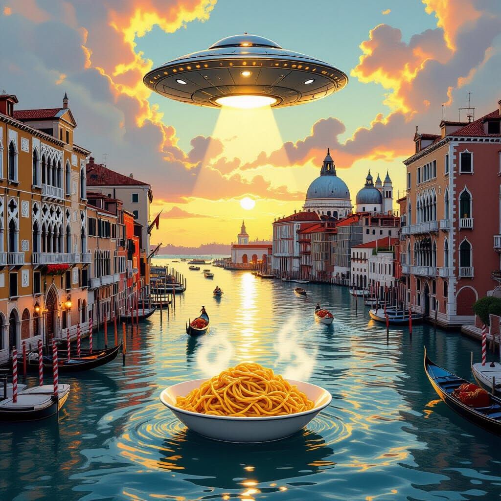 Venice Canal With Flying Saucer Pasta, Hyperrealistic Style