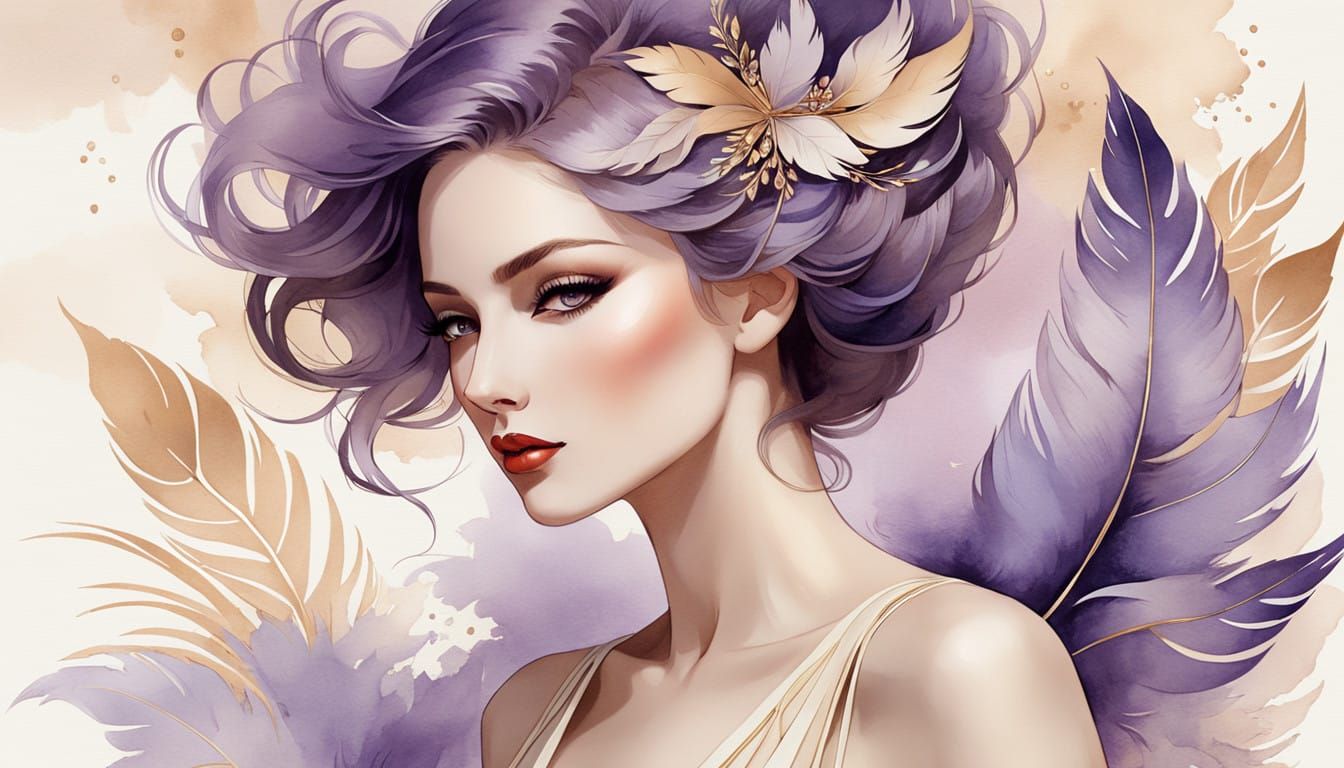 Elegant, Art Deco-Inspired Pin-Up Girl in Dreamy Watercolor