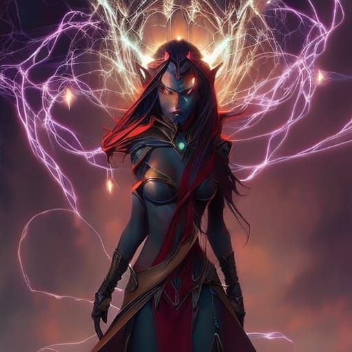 Electrical Elf Sorceress Headshot in Digital Art Style