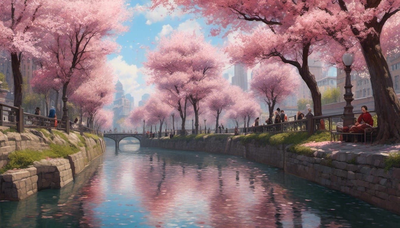 Cherry Blossoms in Pastel Watercolour Cityscape