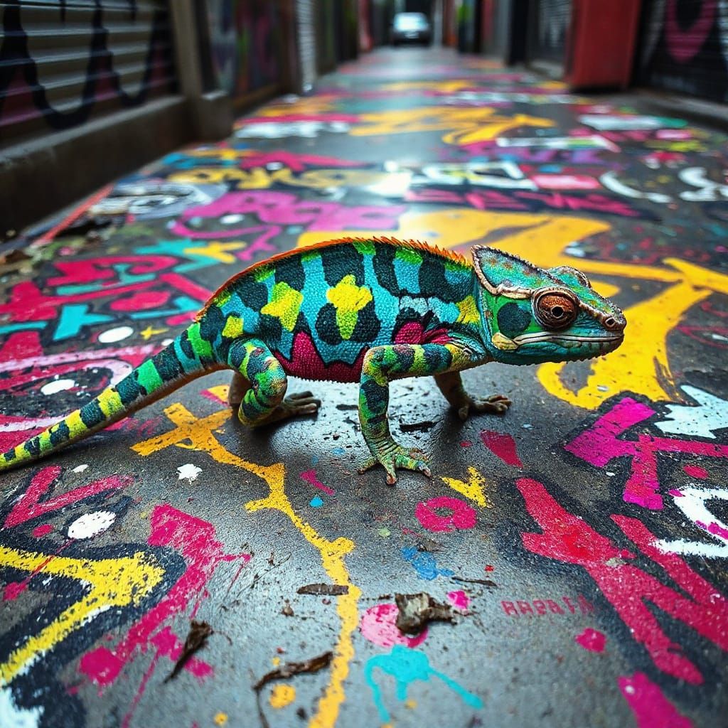 Chameleon with Graffiti Skin on Urban Street Art Floor