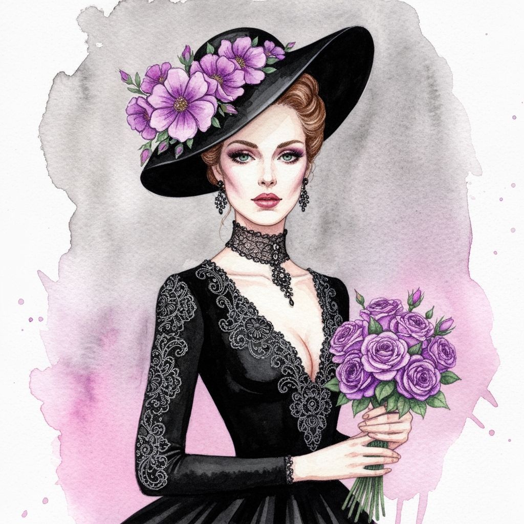 Woman in Black Dress Adorned With Purplepink Flowers