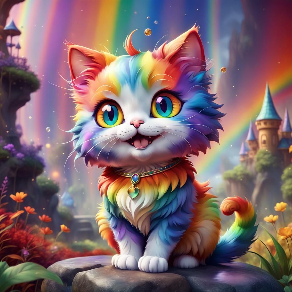 Whimsical Chibi Cat in a Vibrant Fairytale Realm