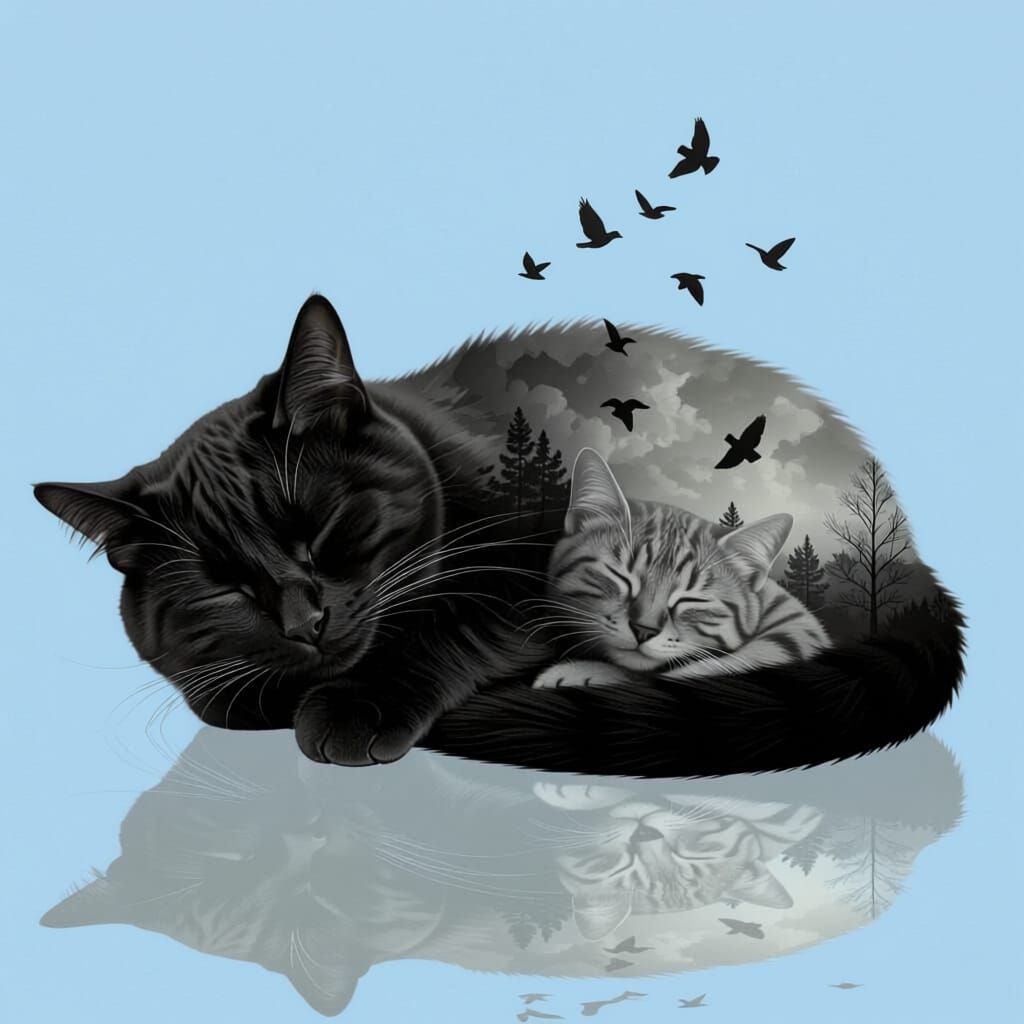 Surreal Double Exposure Cat Silhouette Art