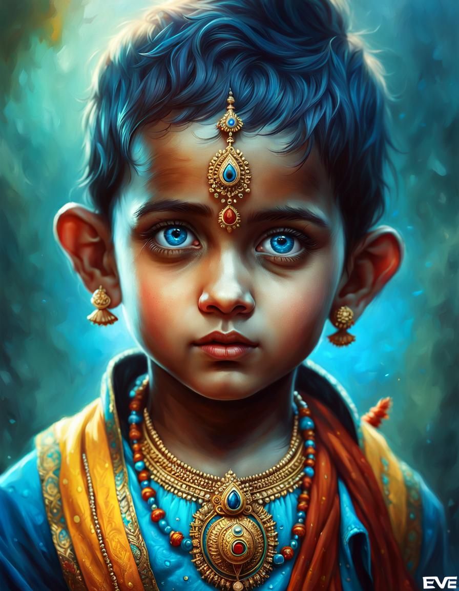 Krishna with Blue Eyes: Hyperdetailed Digital Portrait