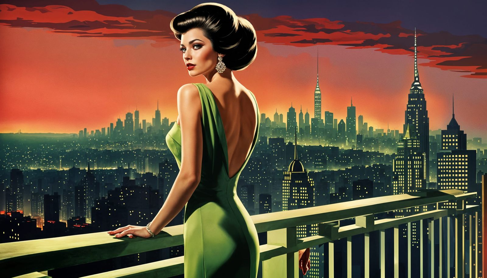 1960s Movie Starlet on Balcony with Cityscape