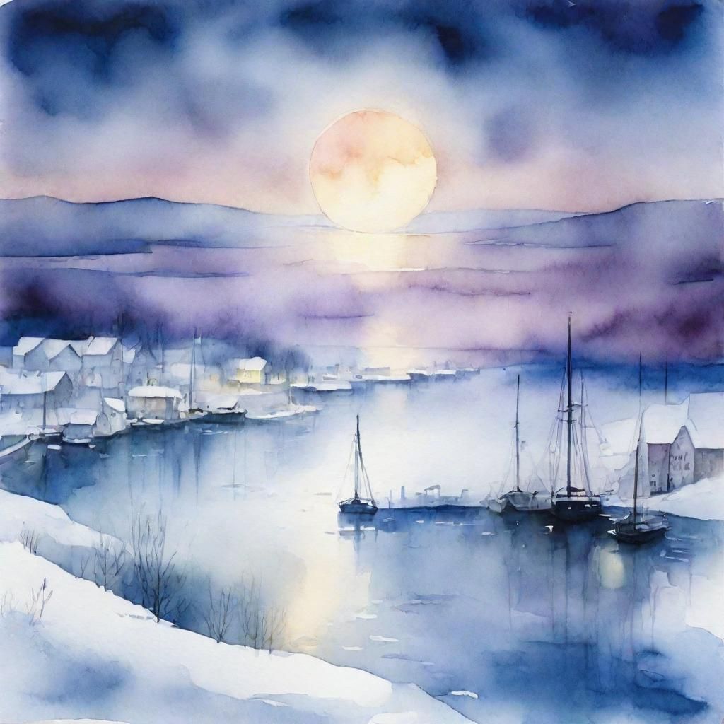 Ethereal Winter Moonrise in Whimsical Watercolour