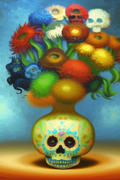 Sugar Skulls in Vase: Van Gogh Style Painting
