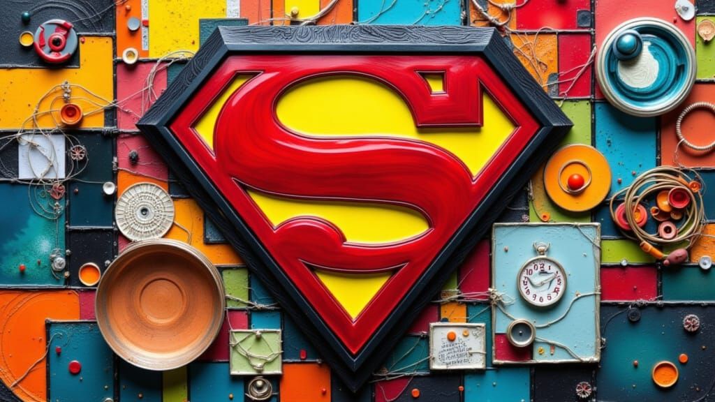 Vibrant Multicolored Mixed Media Superman Symbol Collage