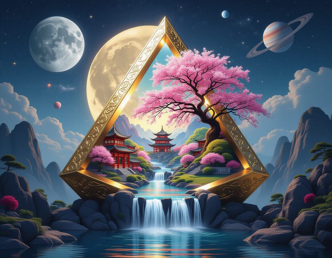 Glowing Prism Reveals Chinese Village: 3D Render