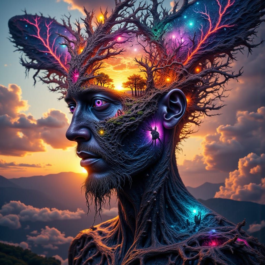 Fractal Faced Man With Sunset Landscape & Waterfalls