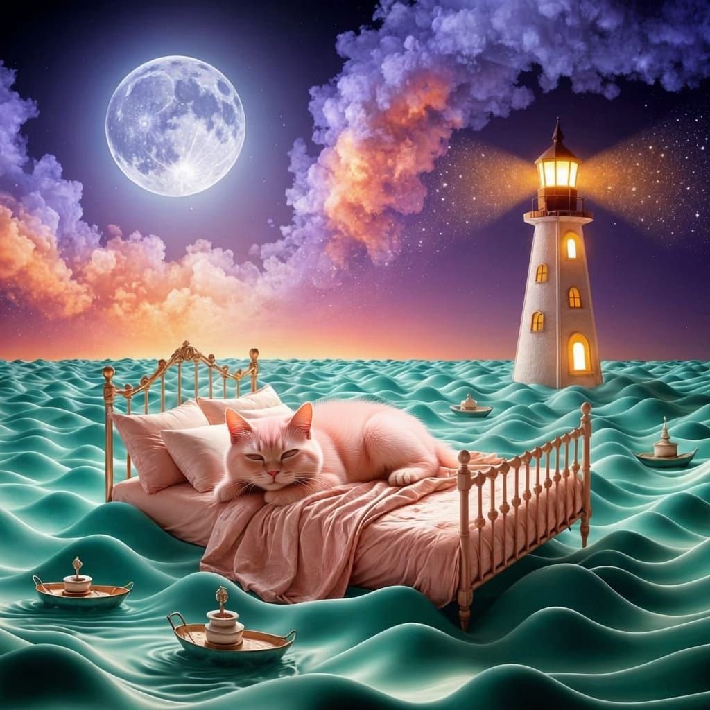 Surreal Dreamscape: Floating Bed on Ocean Under Moon