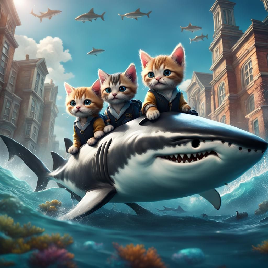 Kittens' Shark Ride to School: Fantasy Concept Art