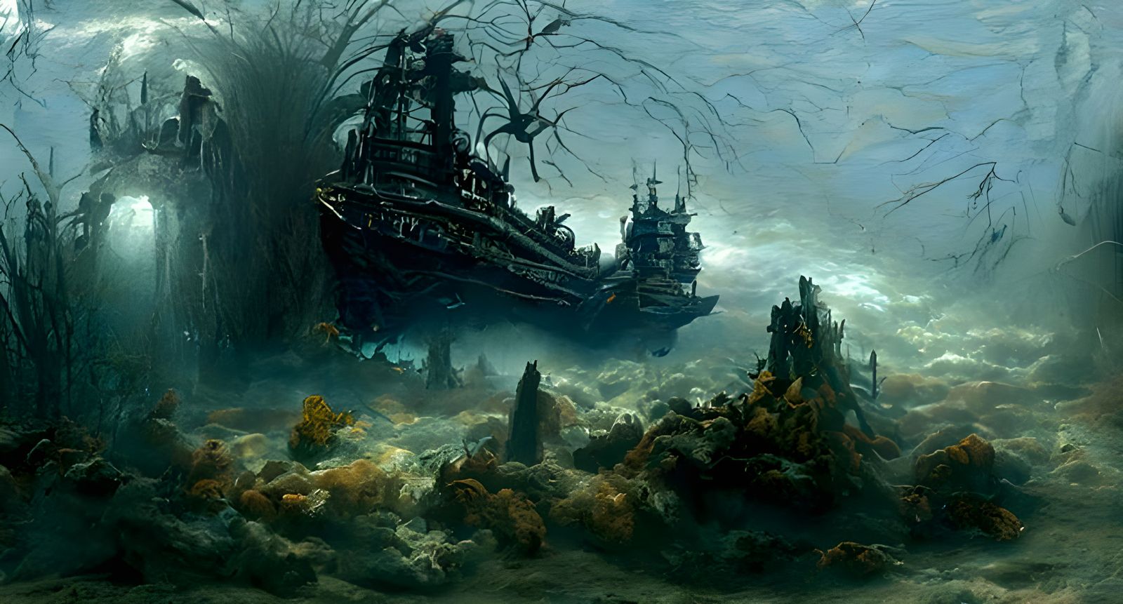 Eerie Underwater Pirate Shipwreck in Hyperrealism