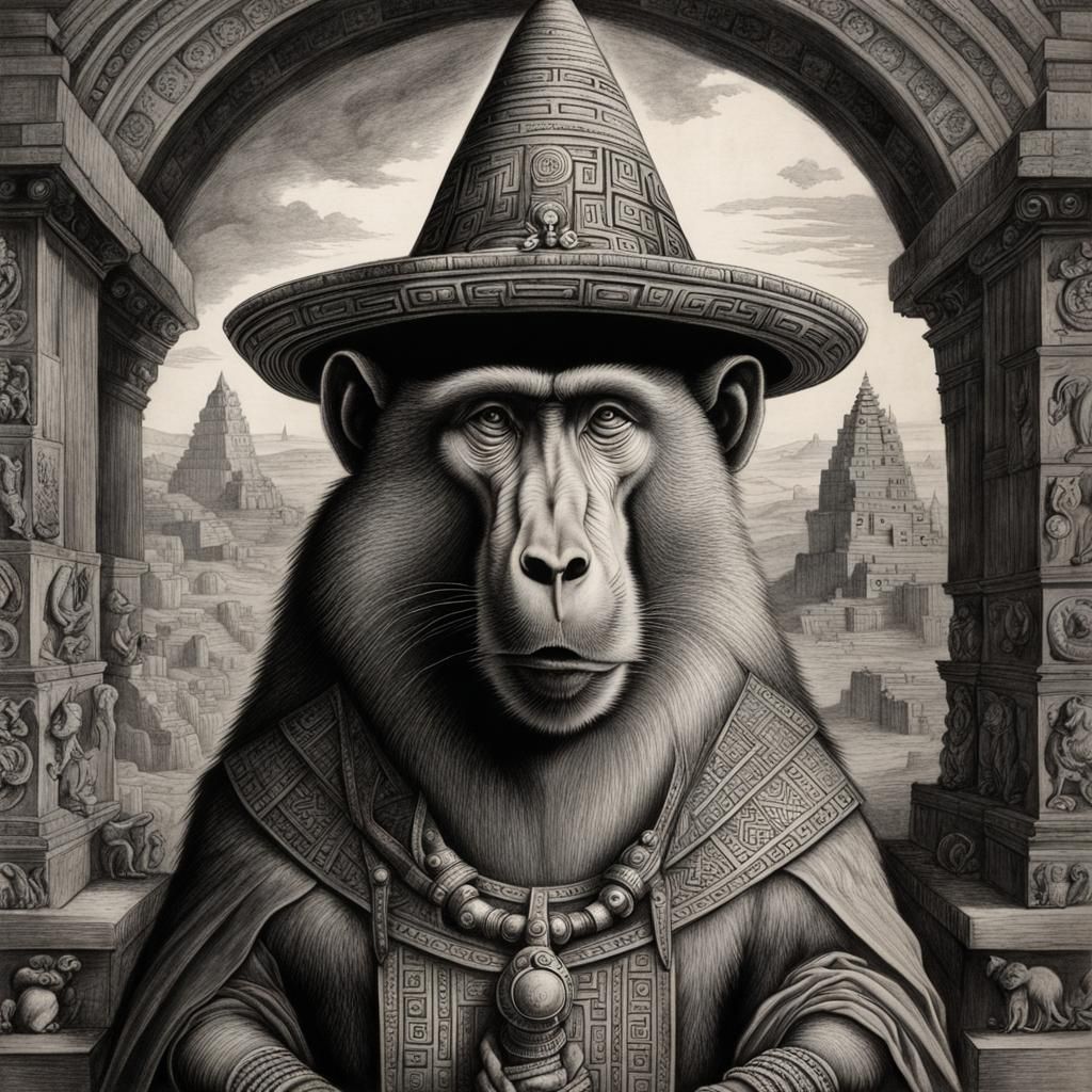 Baboon Wizard in Aztec Ruin: Charcoal Drawing