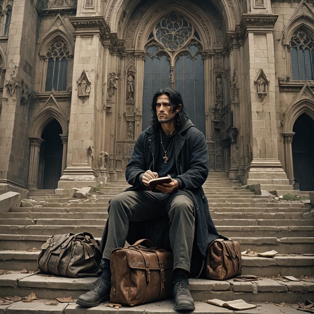 World-Weary Man at Abandoned Cathedral Steps