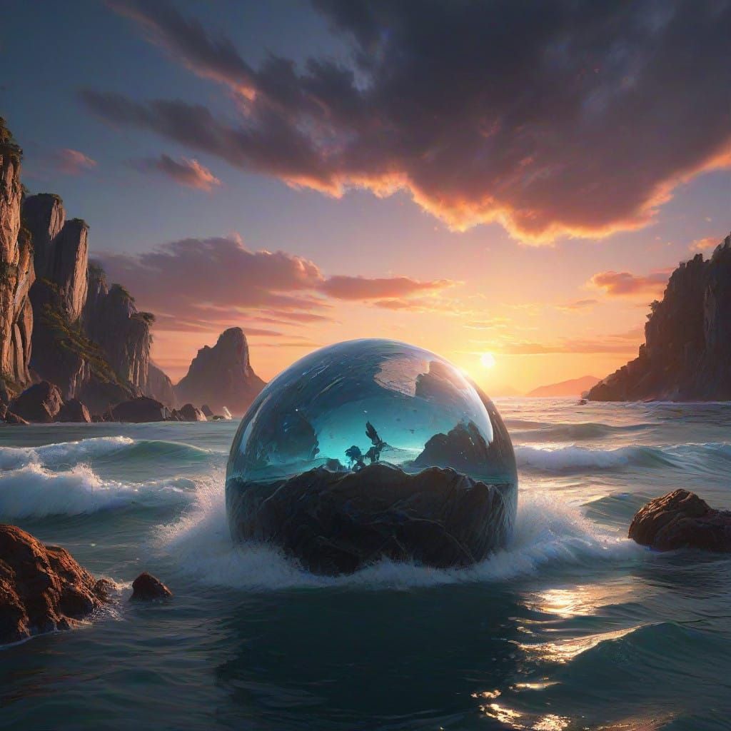 Futuristic Island Amidst Crystal Orb in Turbulent Sea at Sun...