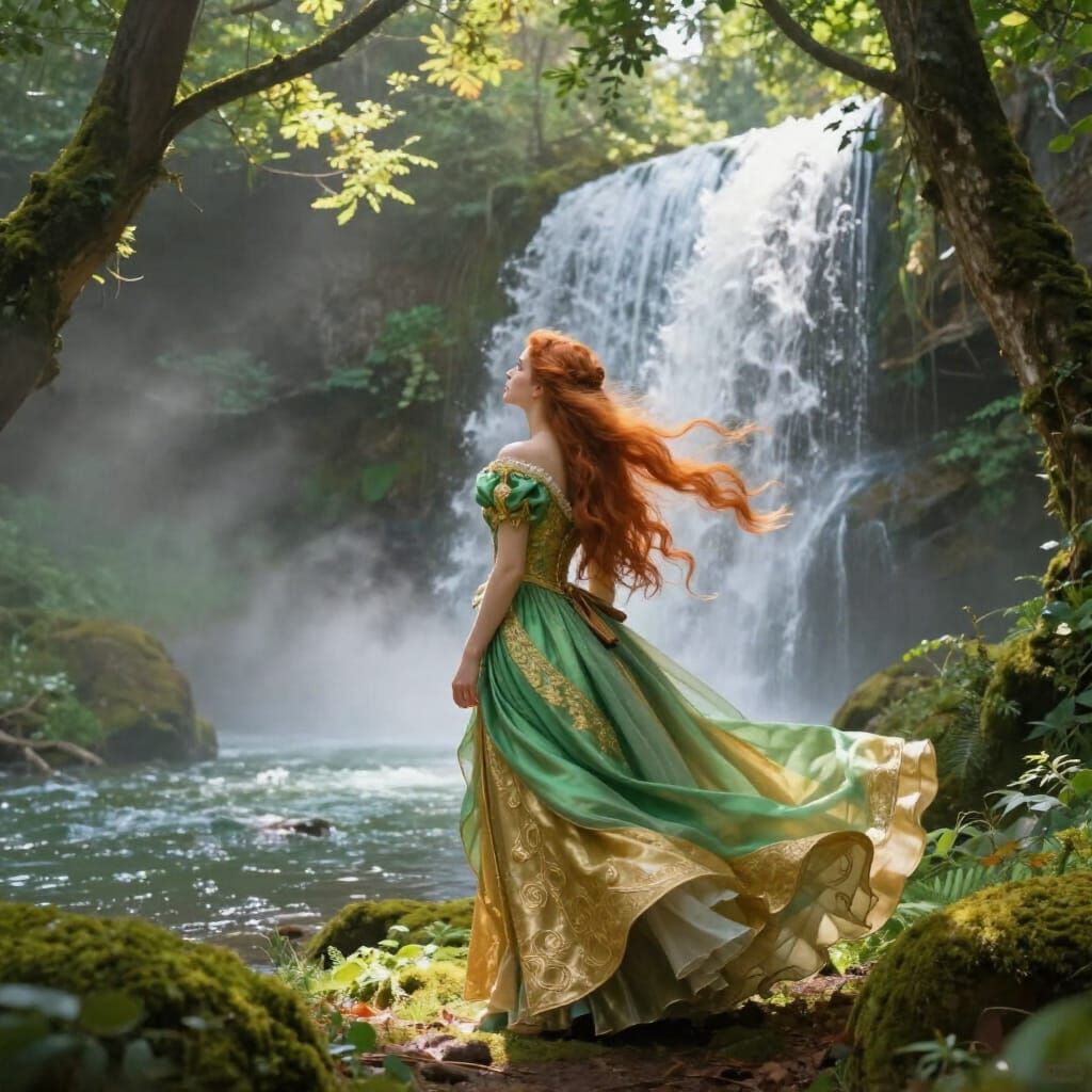 Princess in Enchanted Forest Gazing at Waterfall