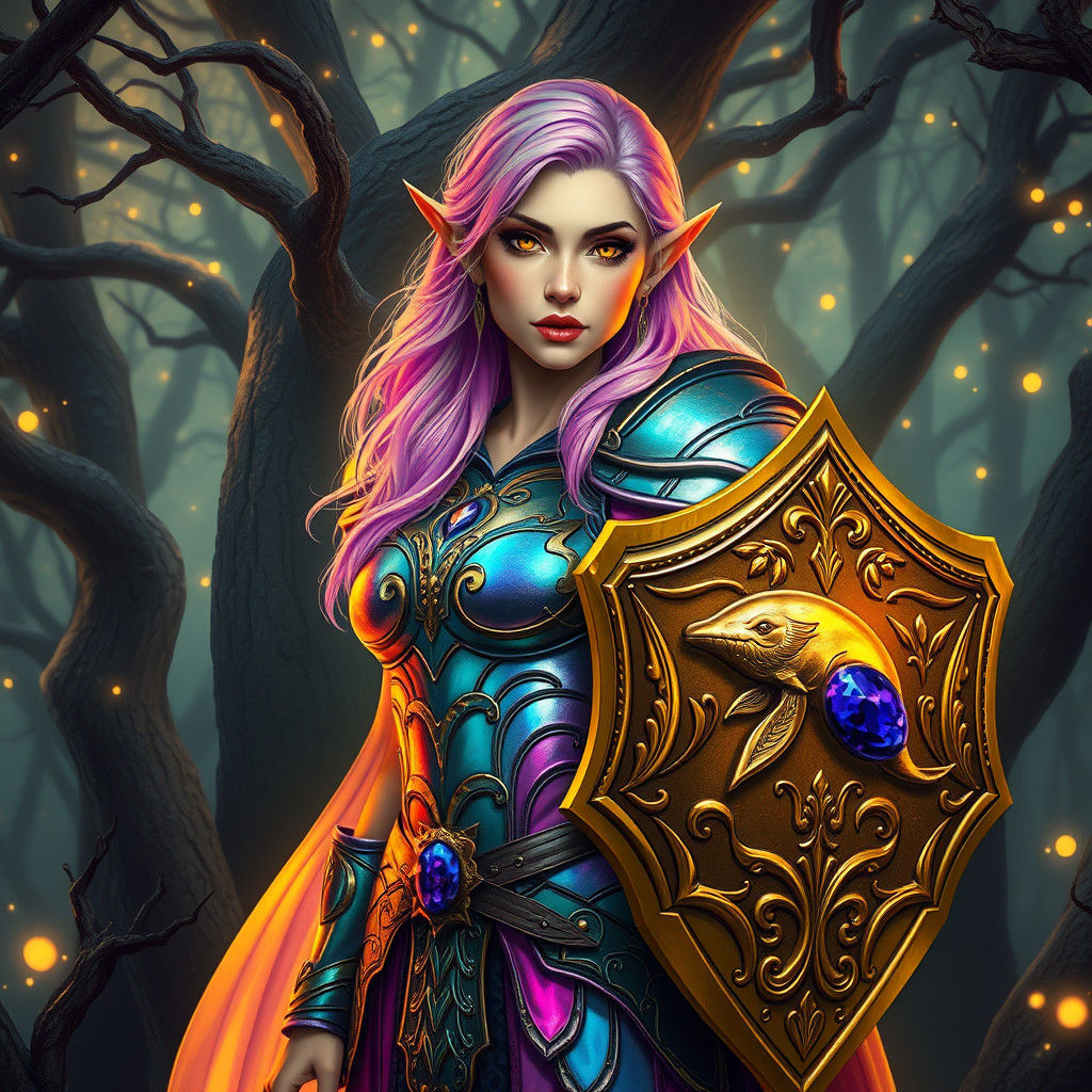 Half-Elf Warrior in Mystical Forest, Art Nouveau Style