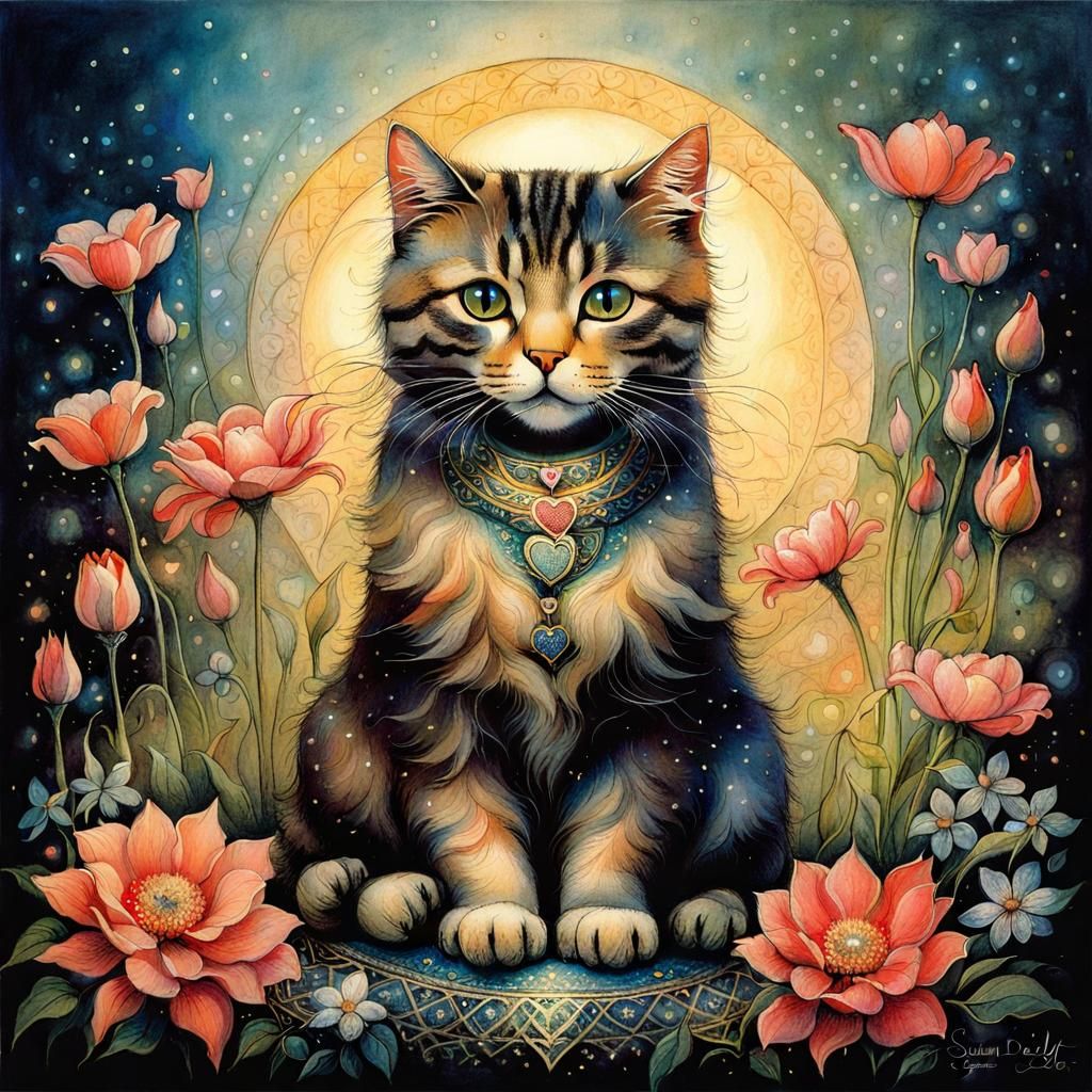 Cat on Pillow Surrounded by Flowers in Visionary Art