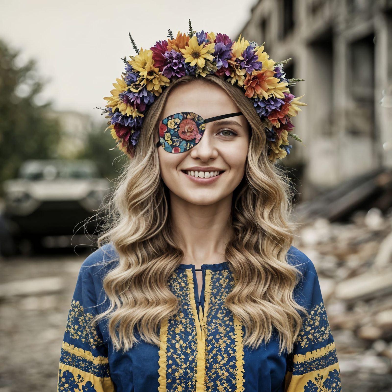 Ukrainian Eyepatch Woman in Floral Wreath Portrait