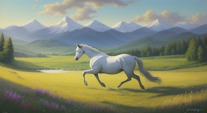 Majestic White Horse Gallops Through Serene Meadow Oil Paint...