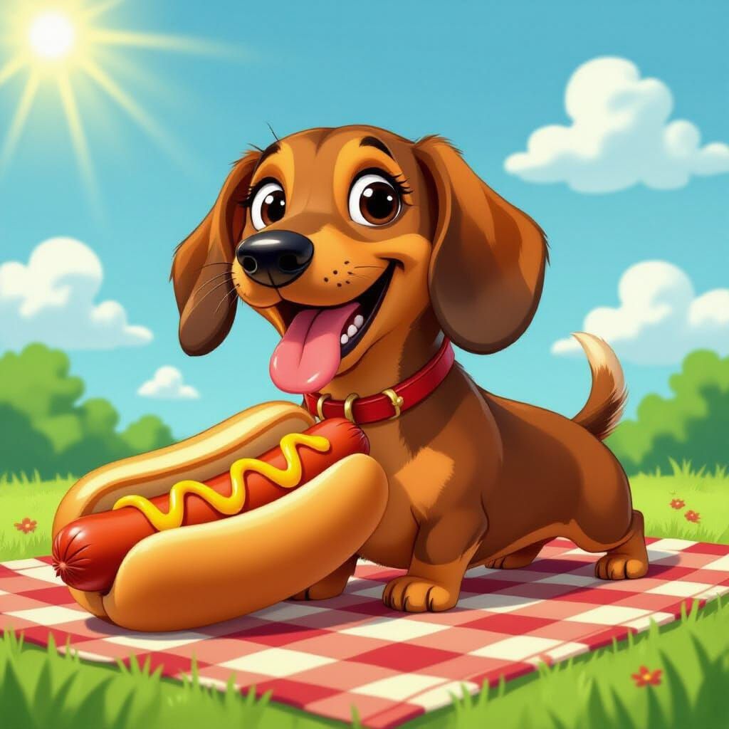 Sausage Dog Joyfully Eats Hot Dog on Picnic Blanket