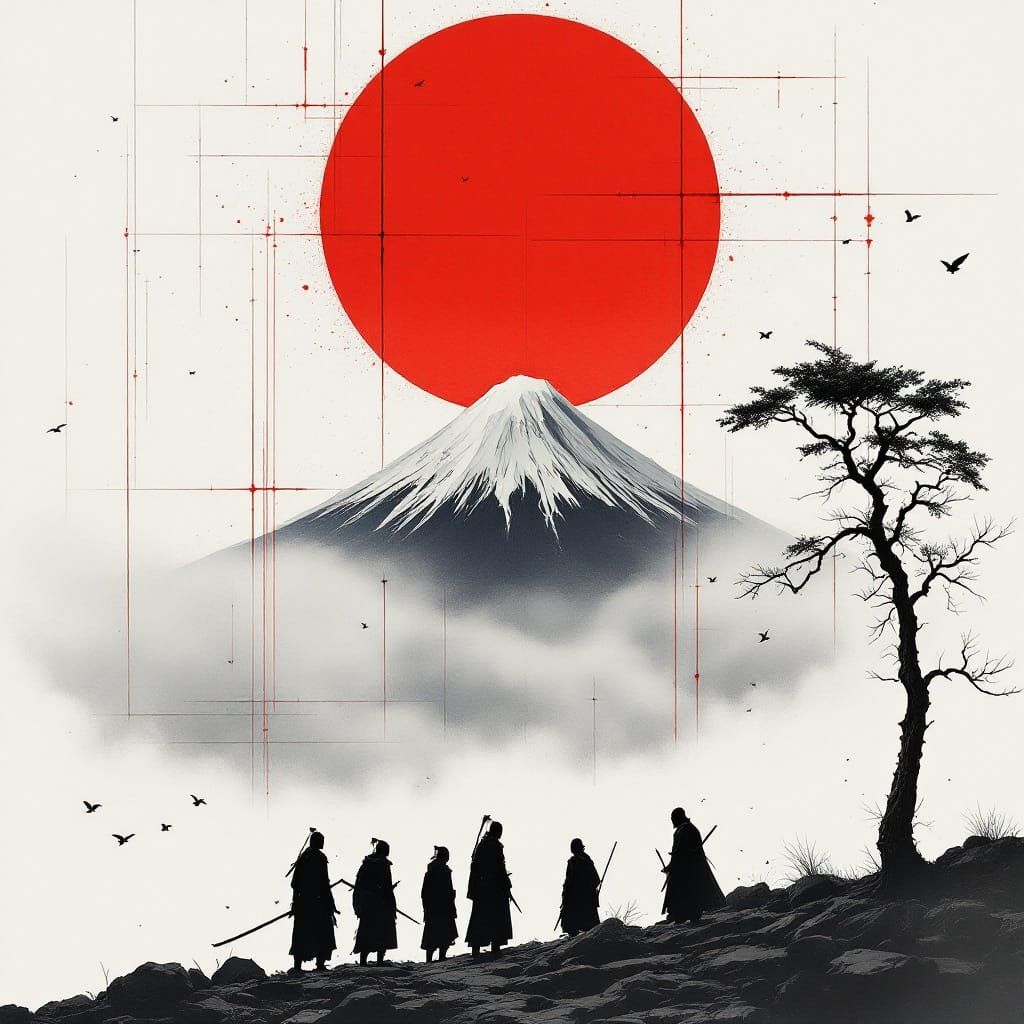 Vibrant Red Sun Rises Above Snowy Mount Fuji