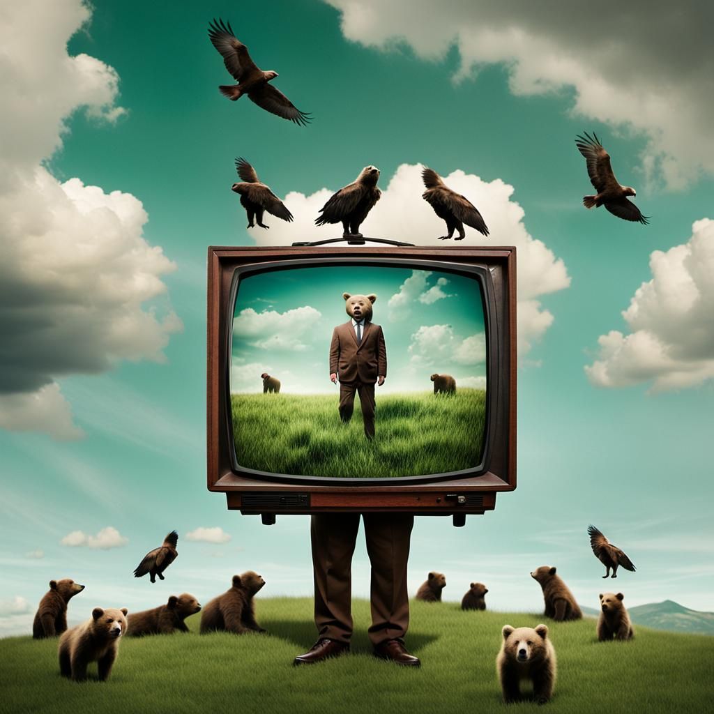 Surreal TV Head Portrait in Dreamlike Setting