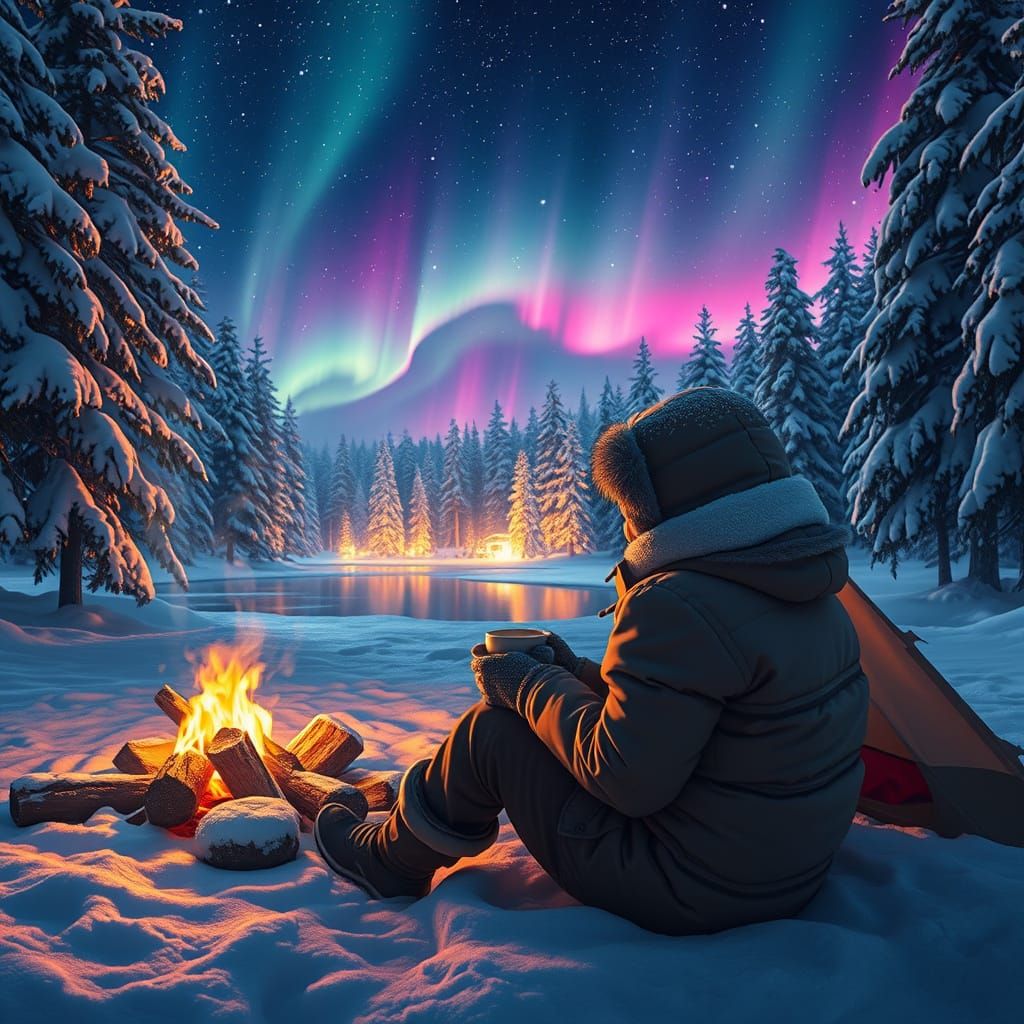 Winter Wonderland Campsite in a Star-Filled Forest