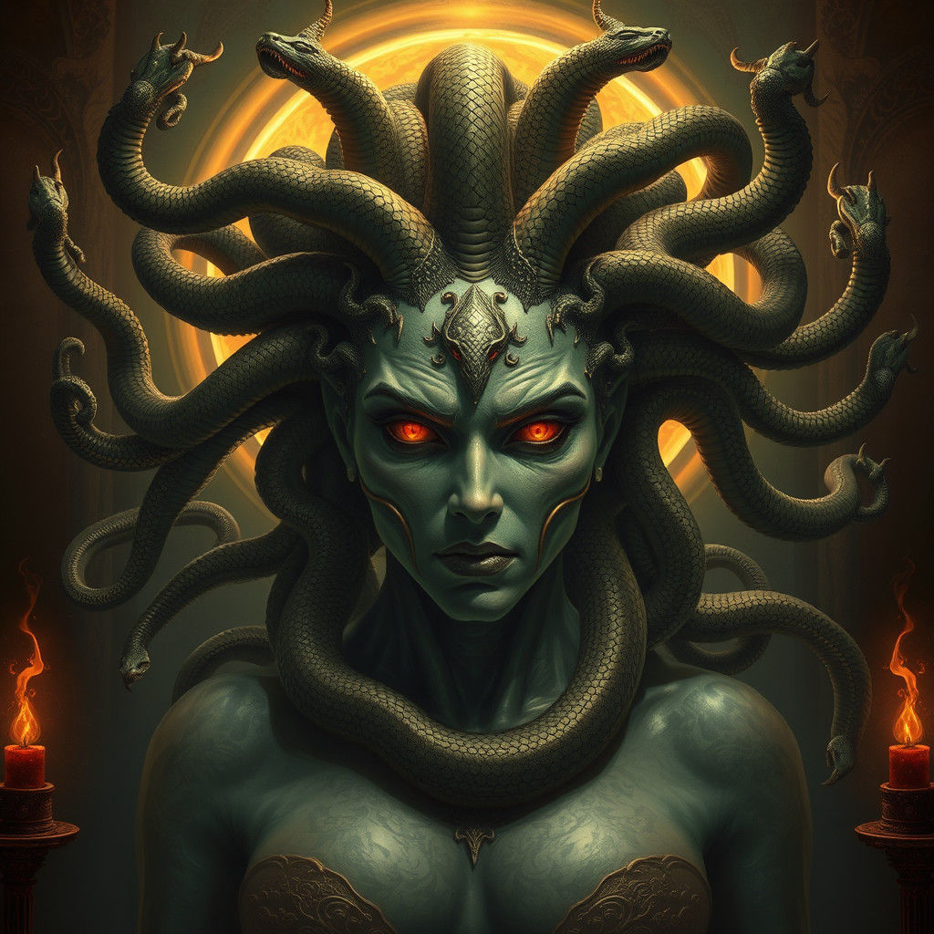 Medusa Portrait with Serpents in Dark Mystical Realism