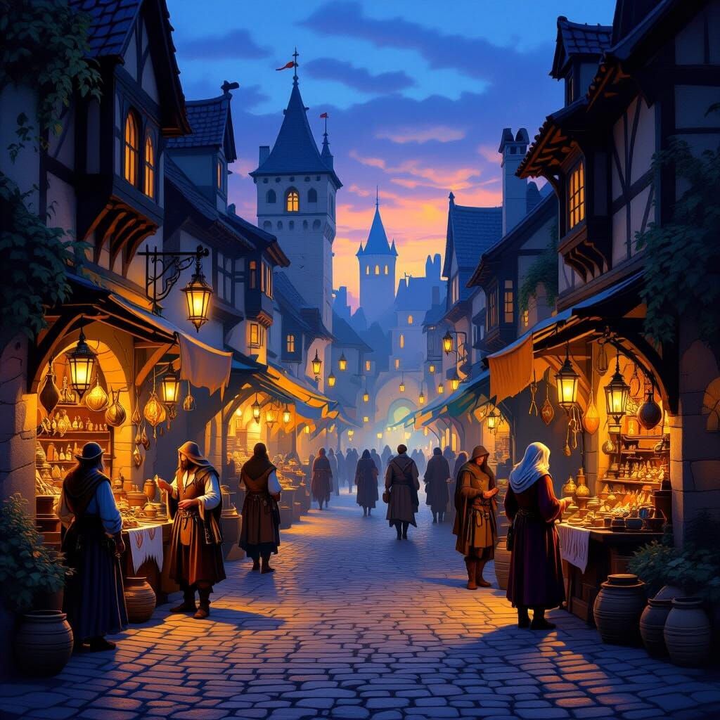 Medieval Marketplace at Twilight with Exotic Wares and Lante...