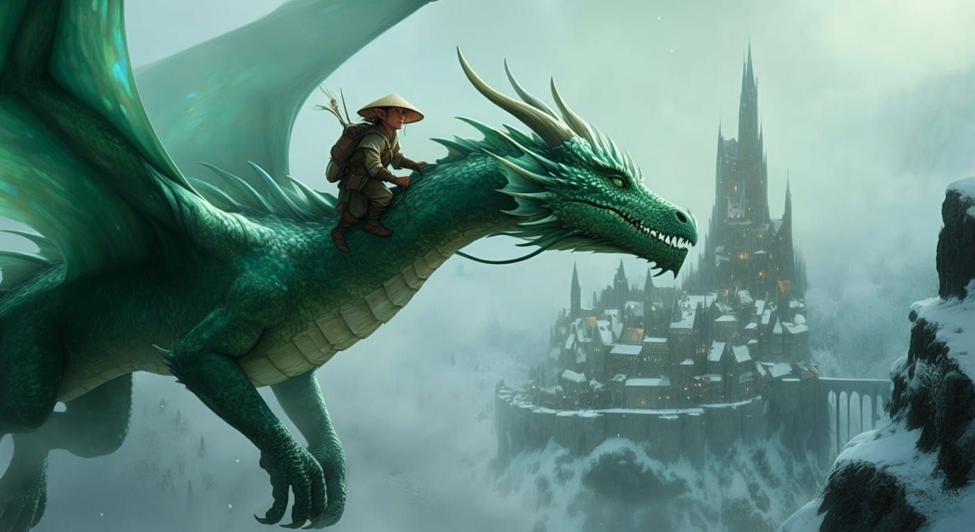 Dragon Rider Soaring Over Winter Castle, Brian Froud Style