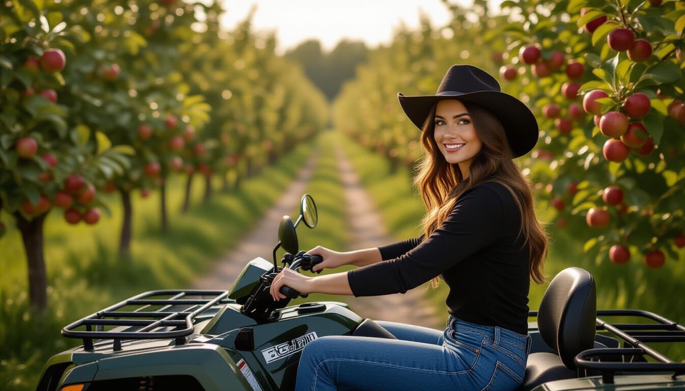 Woman in Farm Hat Arrives by ATV in Apple Orchard