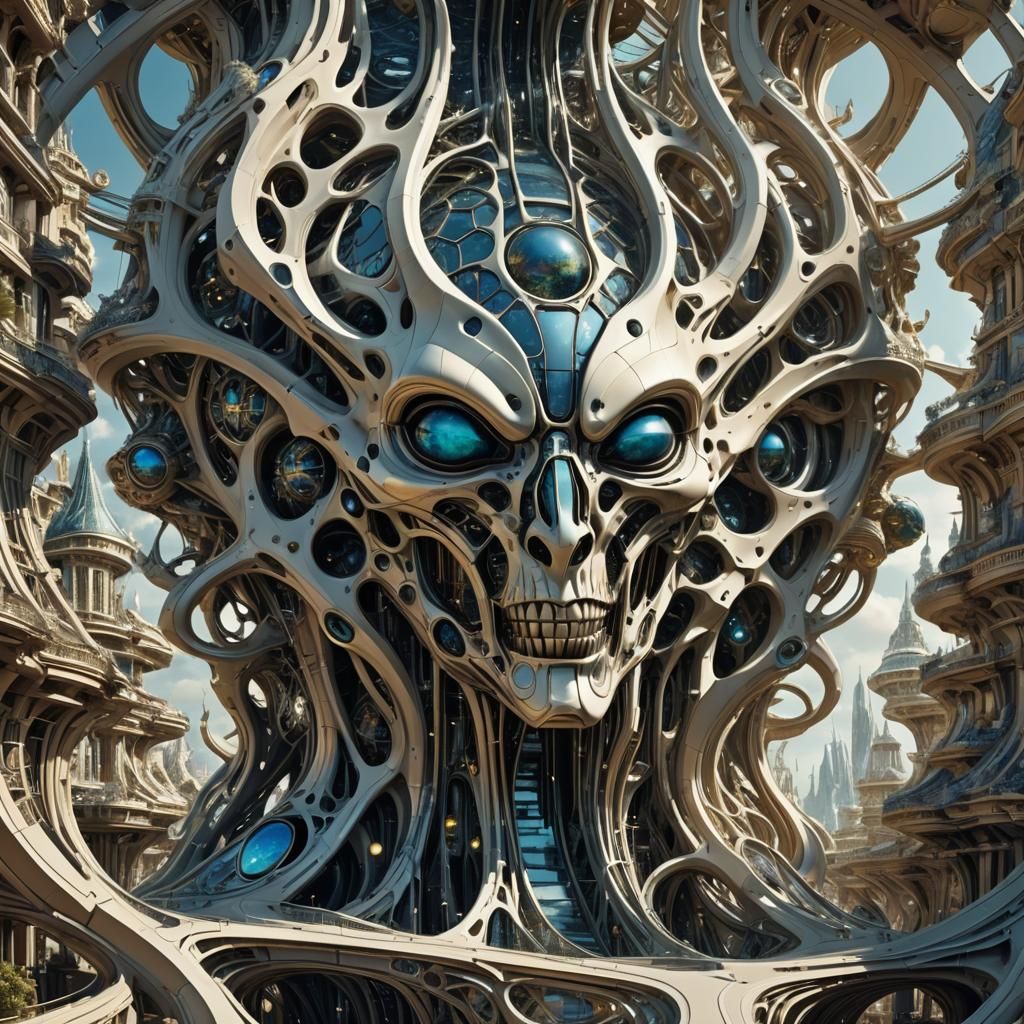 Surreal Alien Head Architecture: Digital Art Render