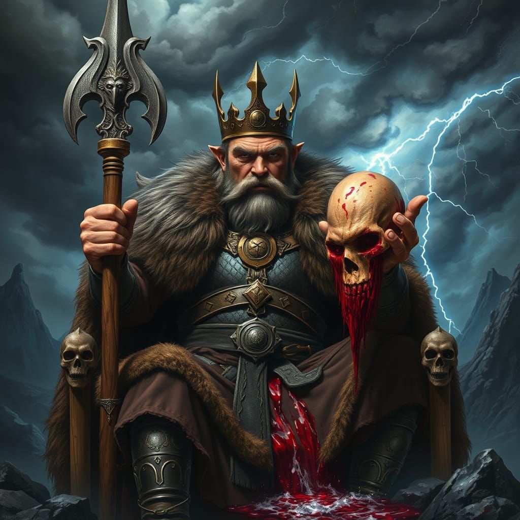 Nordic King Seated on Throne, Holding Staff and Severed Head...