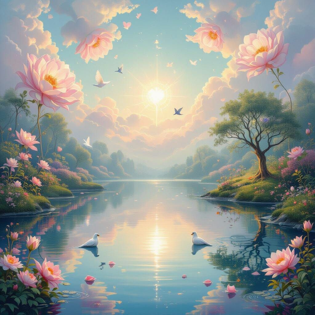 Surreal Mirror Lake with Ethereal Garden and Symbols of Stre...