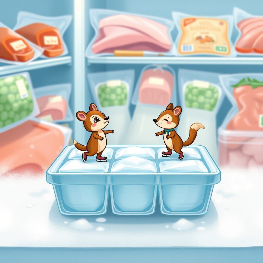 Whimsical Cartoon Ice Skating Scene on Frozen Ice Cubes