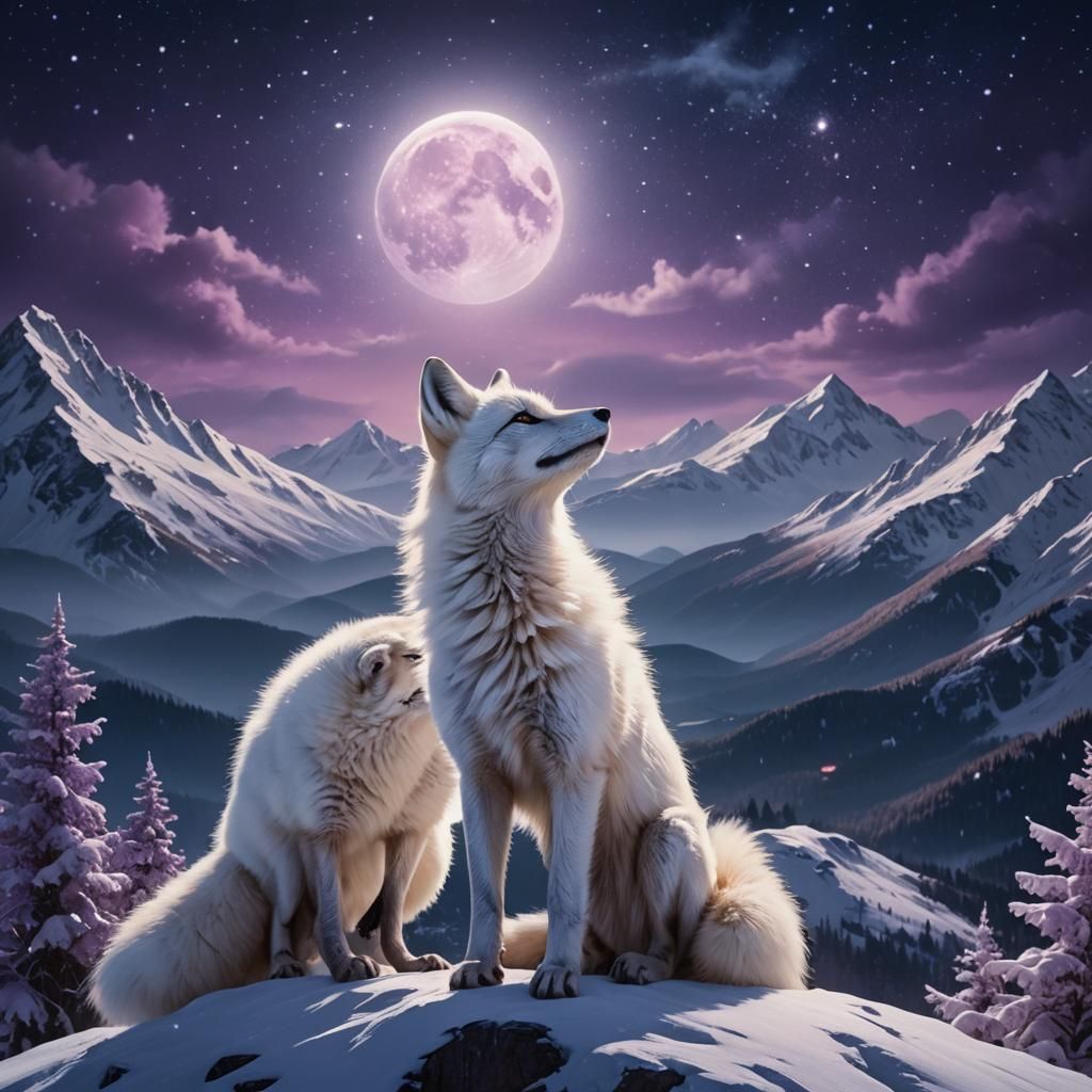 Glowing White Fox in Lunar Lit Landscape
