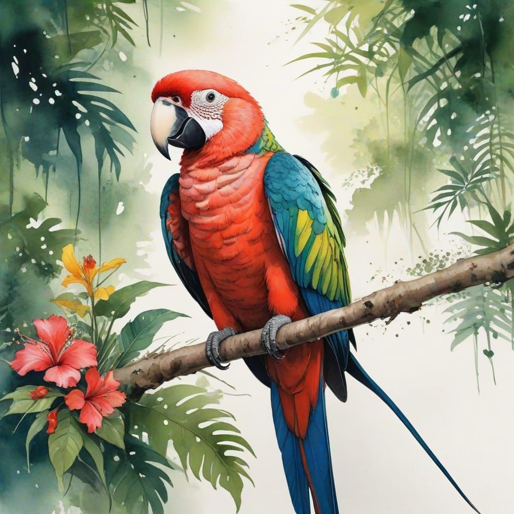 Vibrant Tropical Parrot Amidst Verdant Canopy